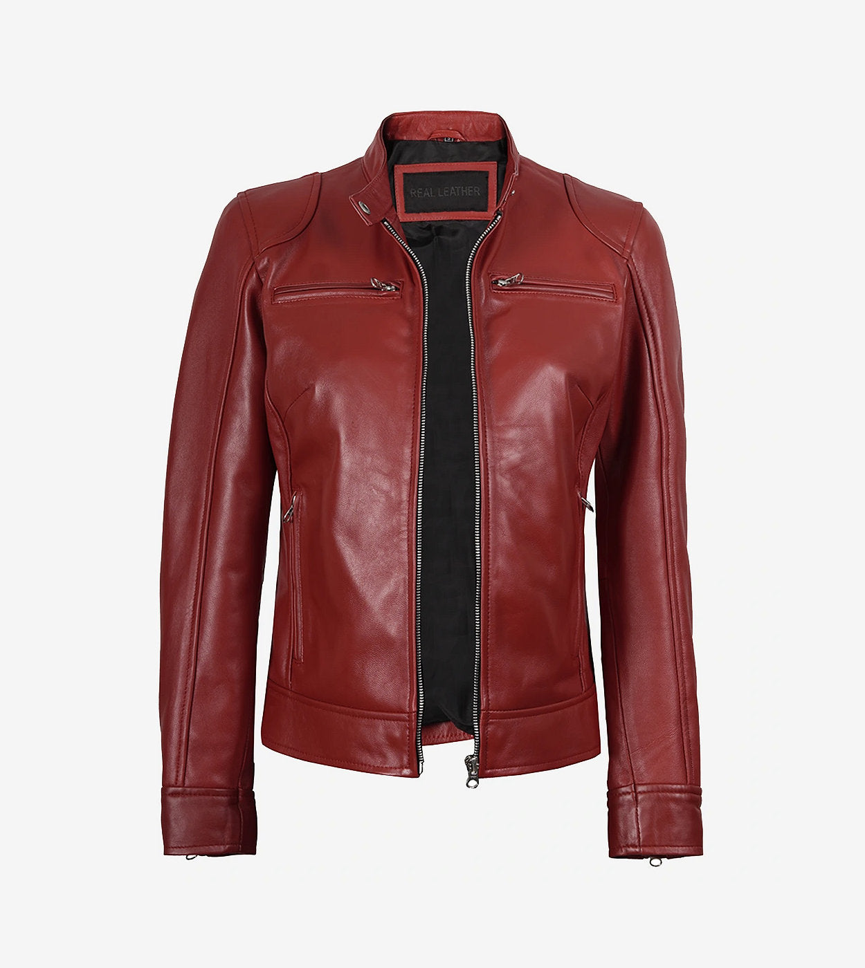Womens Real Leather Red Moto Jacket