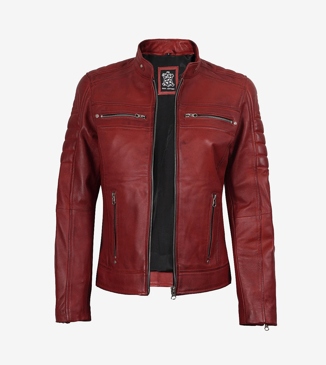 Womens Real Leather Red Waxed Biker Style Jacket