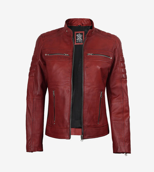Womens Real Leather Red Waxed Biker Style Jacket