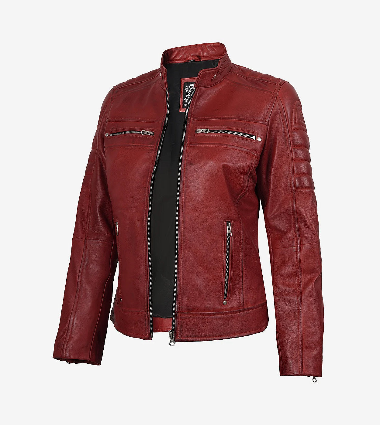 Womens Real Leather Red Waxed Biker Style Jacket