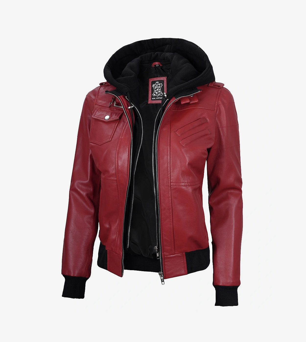 Womens Red Hooded Bomber Leather Jacket