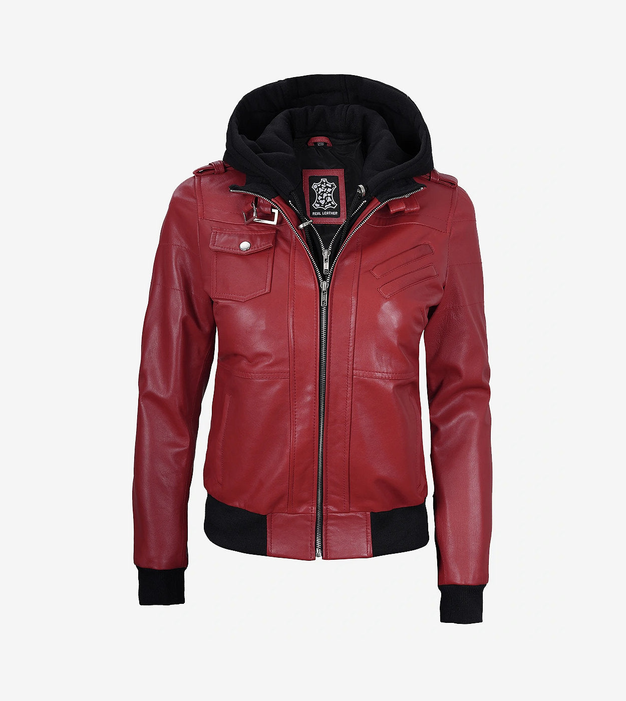 Womens Red Hooded Bomber Leather Jacket