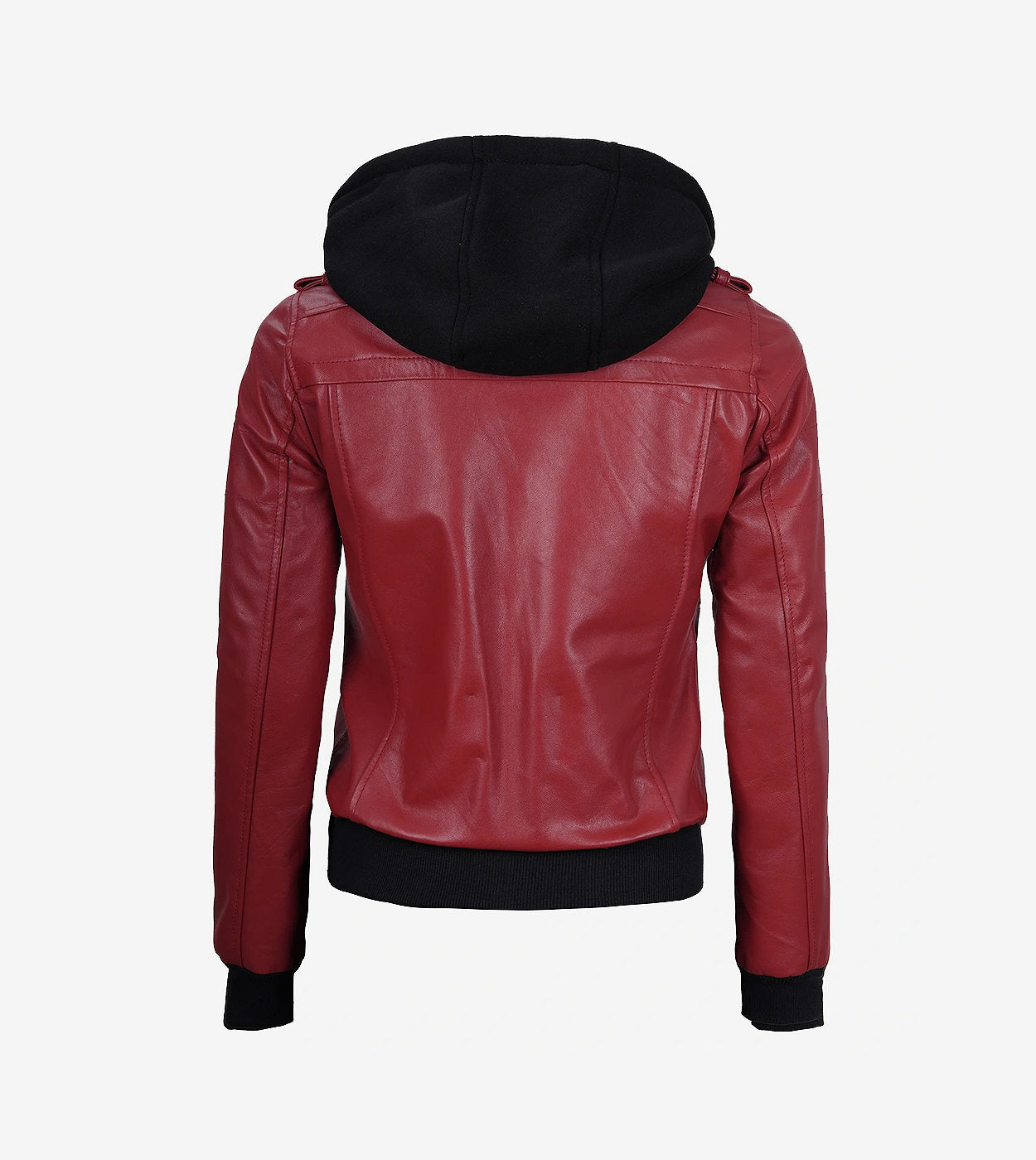 Womens Red Hooded Bomber Leather Jacket