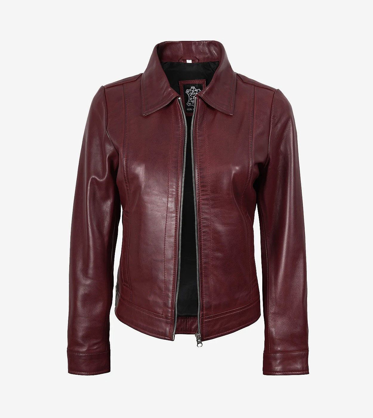 Womens Shirt Collar Burgundy Leather Jacket