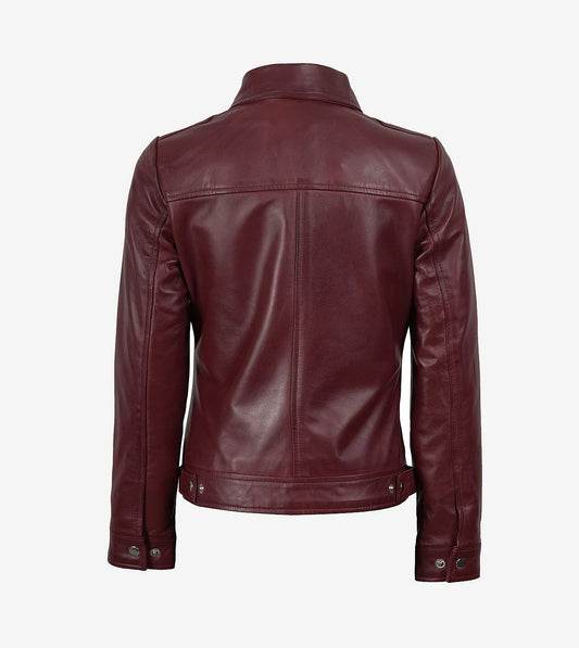 Womens Shirt Collar Burgundy Leather Jacket
