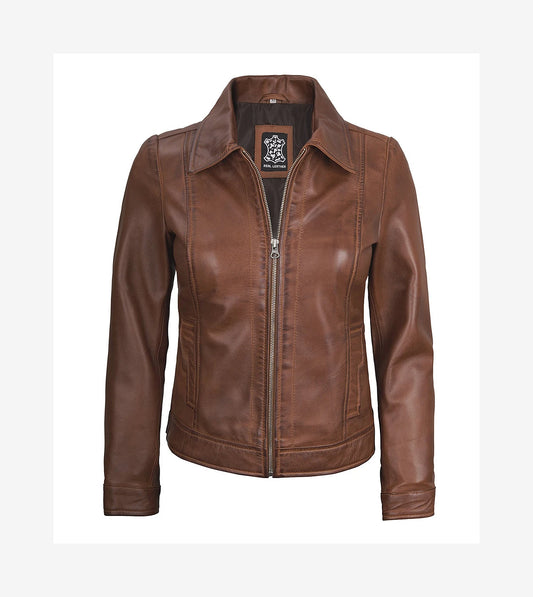 Womens Shirt Collar Cognac Harrington Leather Jacket