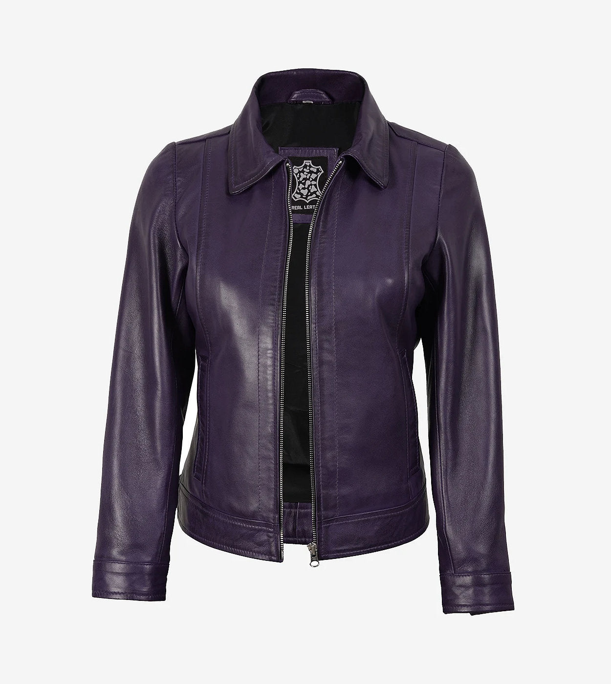 Womens Shirt Collar Purple Leather Jacket