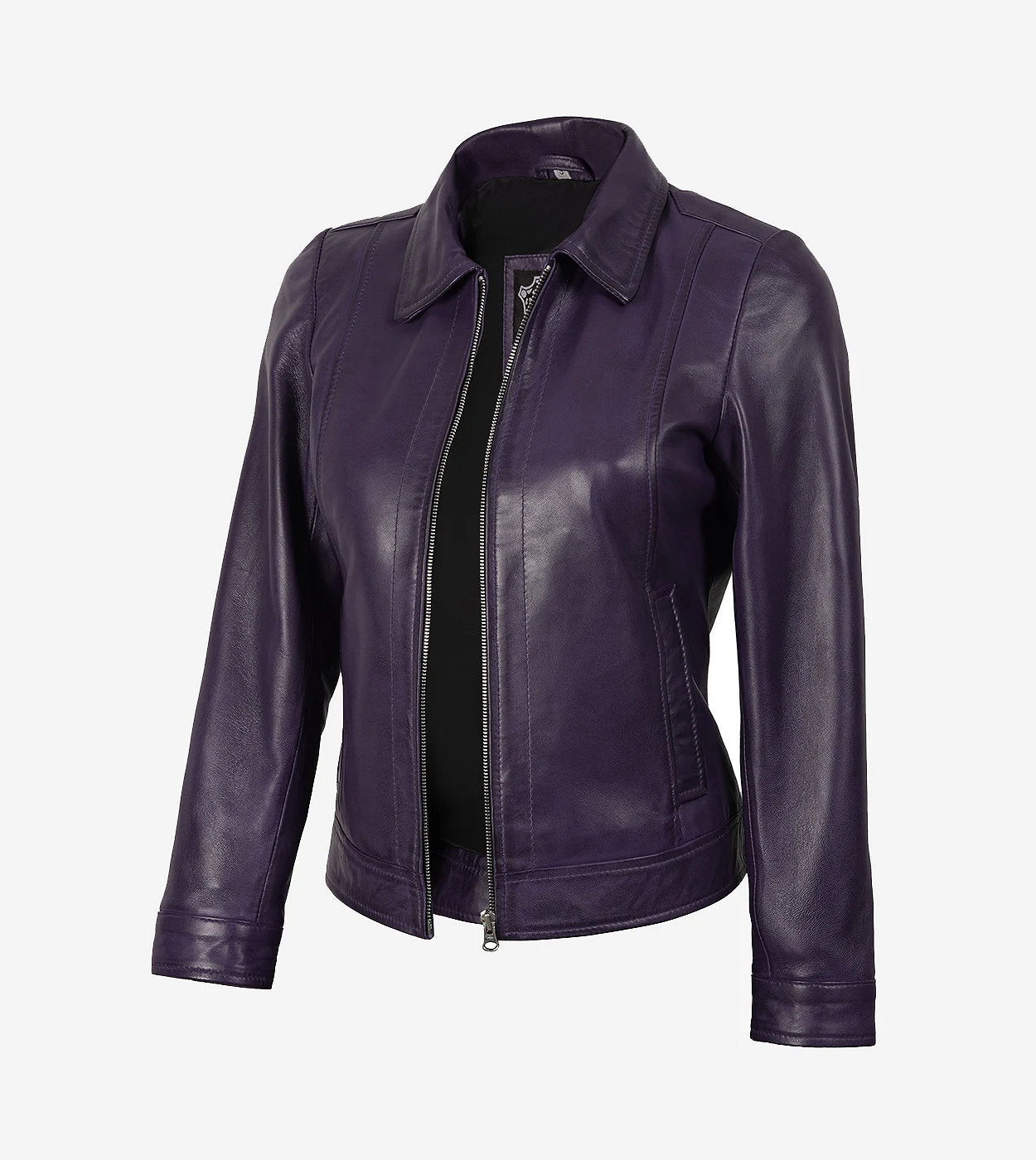 Womens Shirt Collar Purple Leather Jacket
