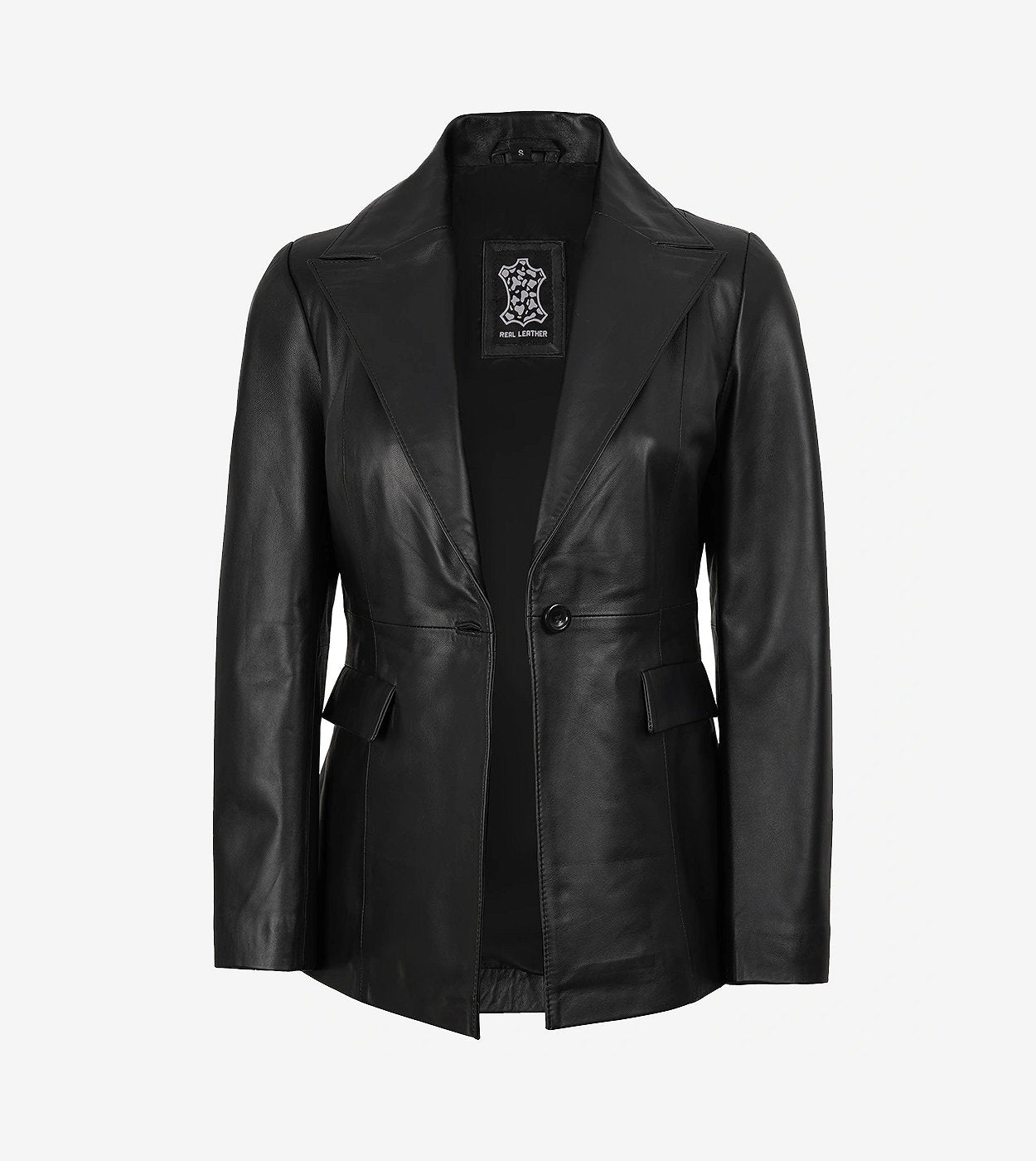 Womens Single Button Black Leather Blazer - Peak Lapel