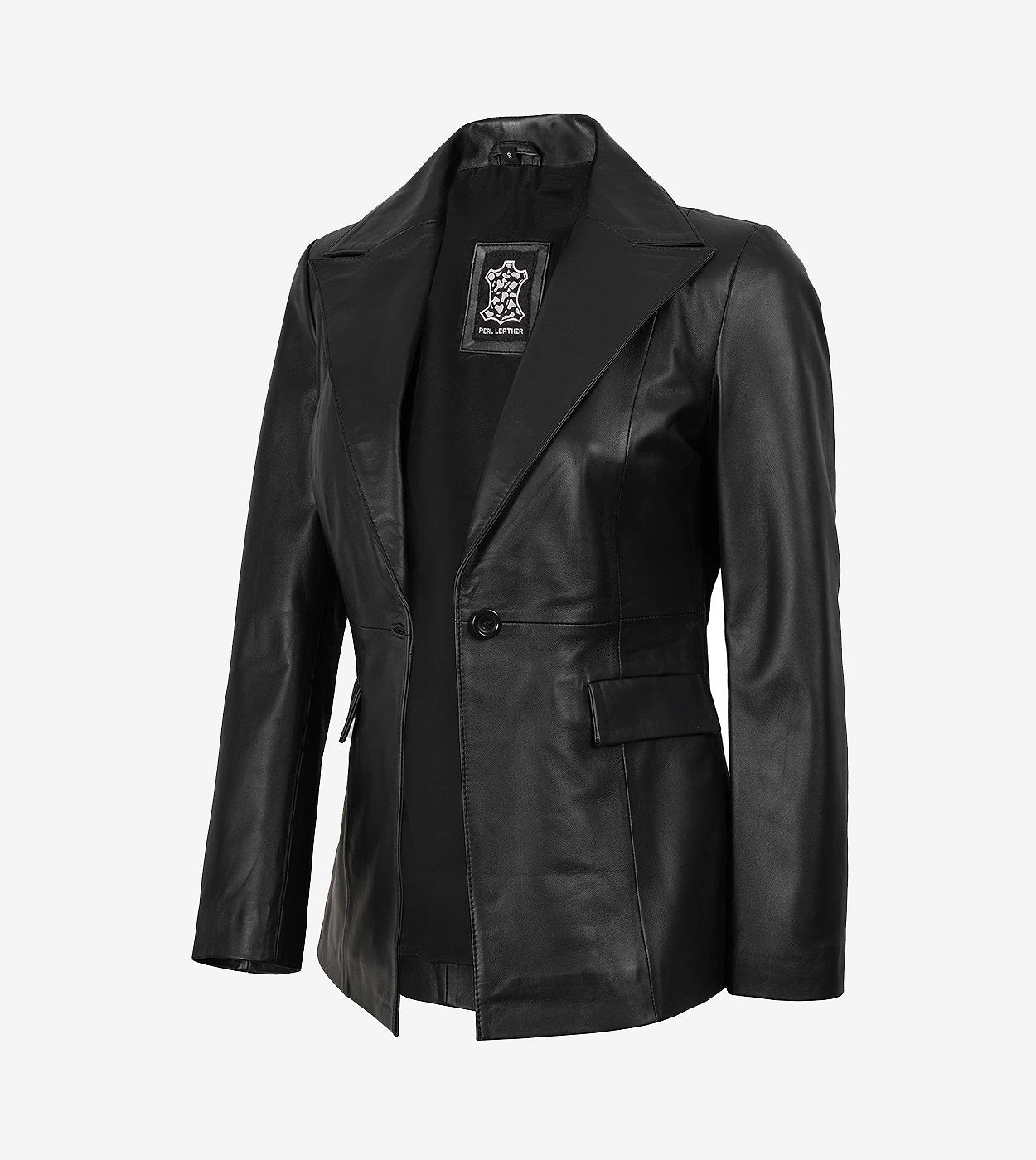Womens Single Button Black Leather Blazer - Peak Lapel
