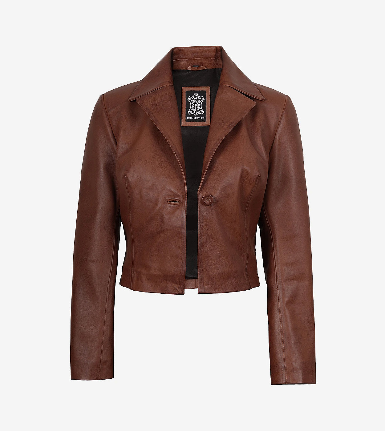 Womens Single Button Cognac Cropped Leather Jacket