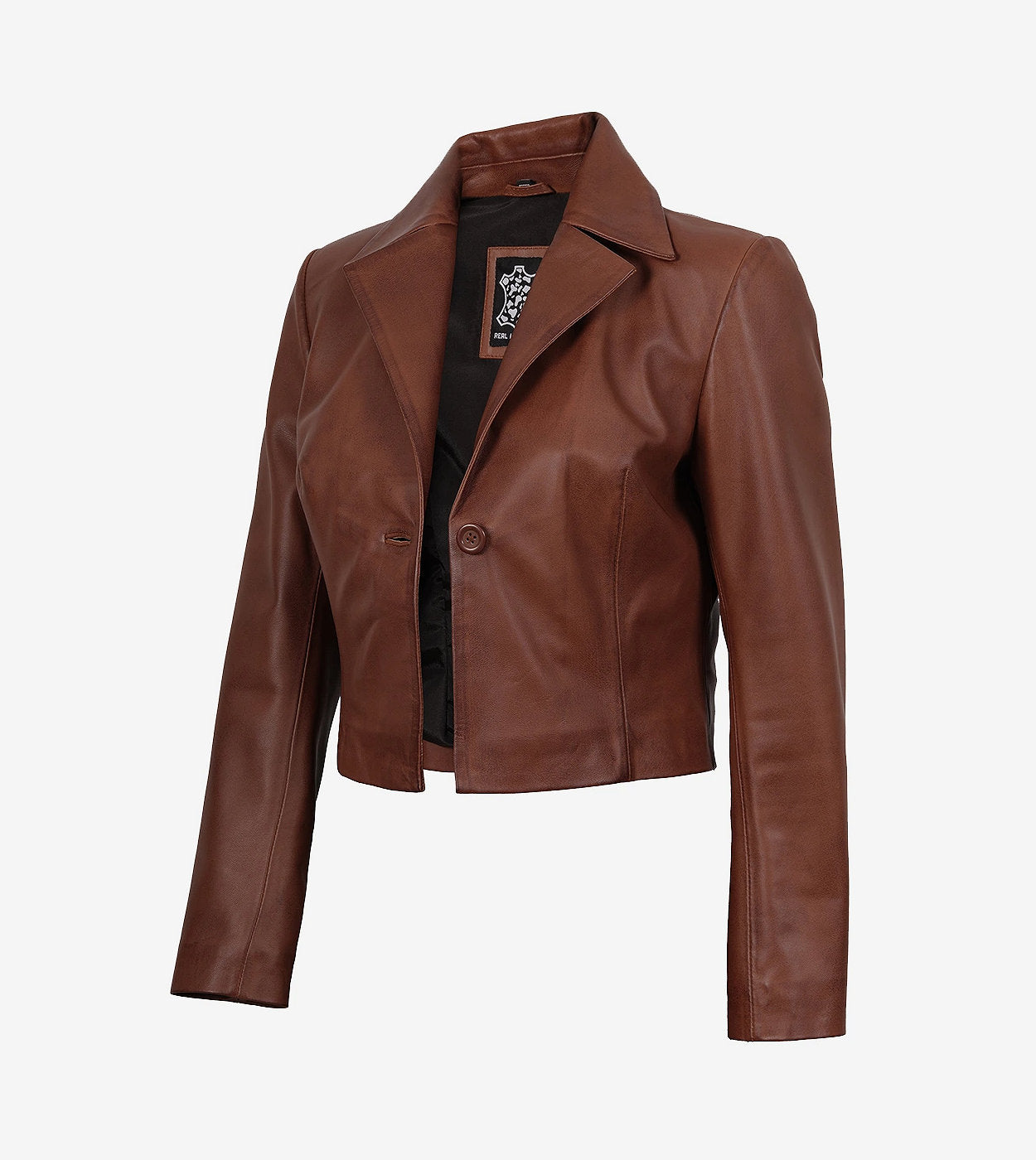 Womens Single Button Cognac Cropped Leather Jacket