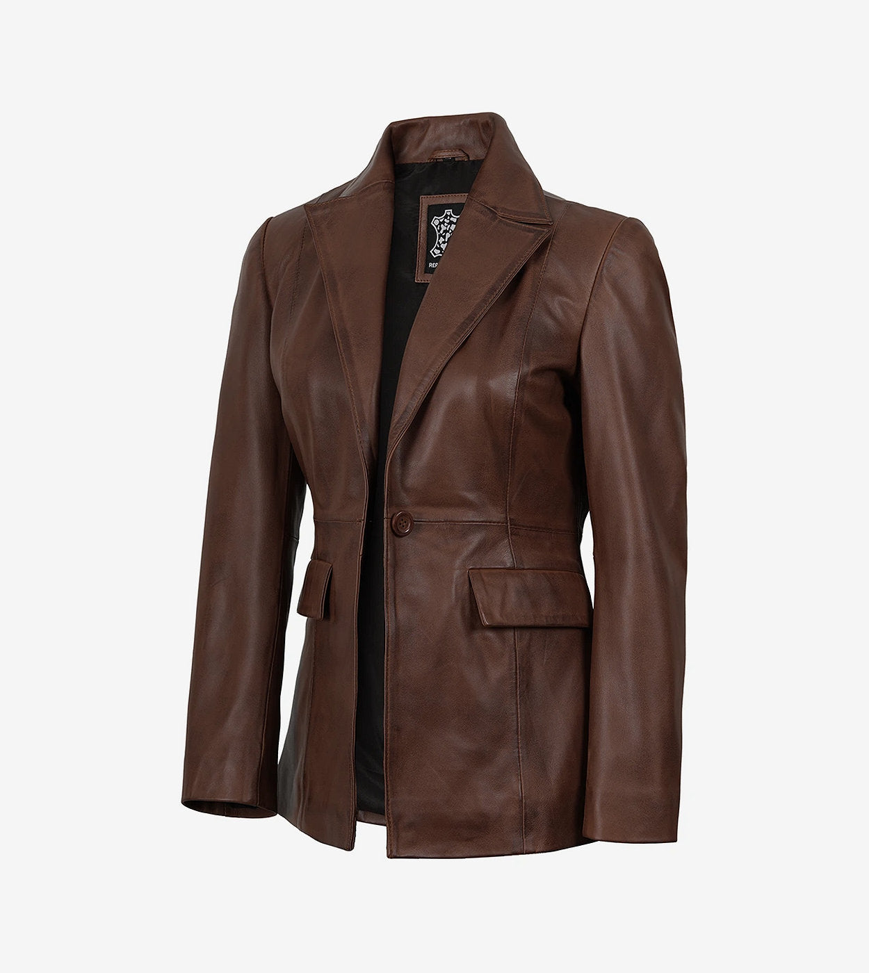 Womens Single Button Cognac Waxed Leather Blazer - Peak Lapel