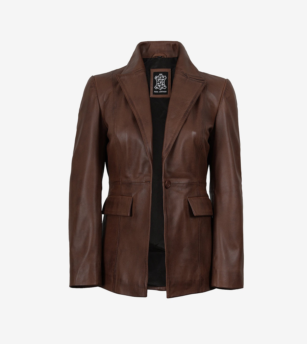 Womens Single Button Cognac Waxed Leather Blazer - Peak Lapel