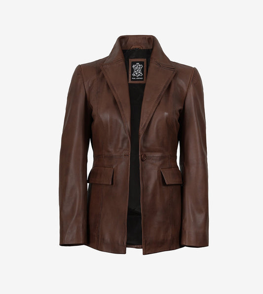 Womens Single Button Cognac Waxed Leather Blazer - Peak Lapel