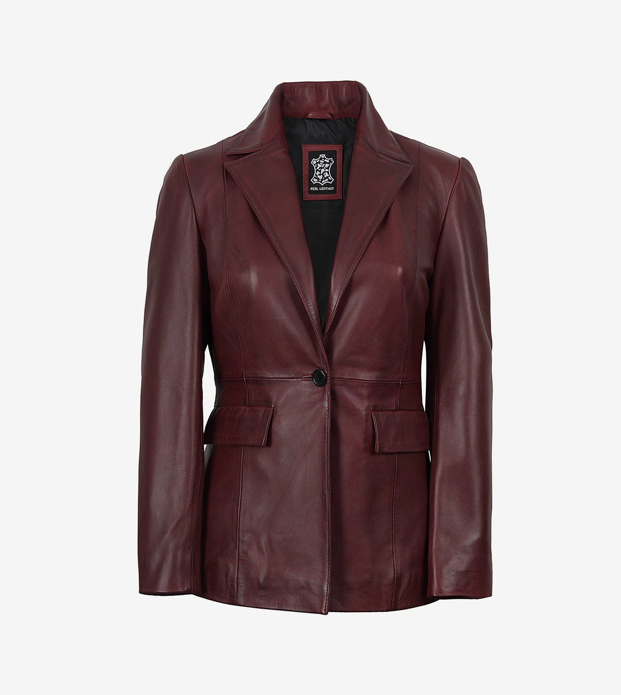 Womens Single Button Maroon Waxed Leather Blazer - Peak Lapel