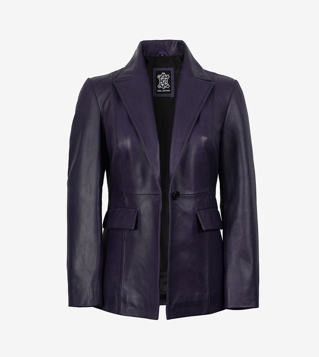 Womens Single Button Purple Waxed Leather Blazer - Peak Lapel