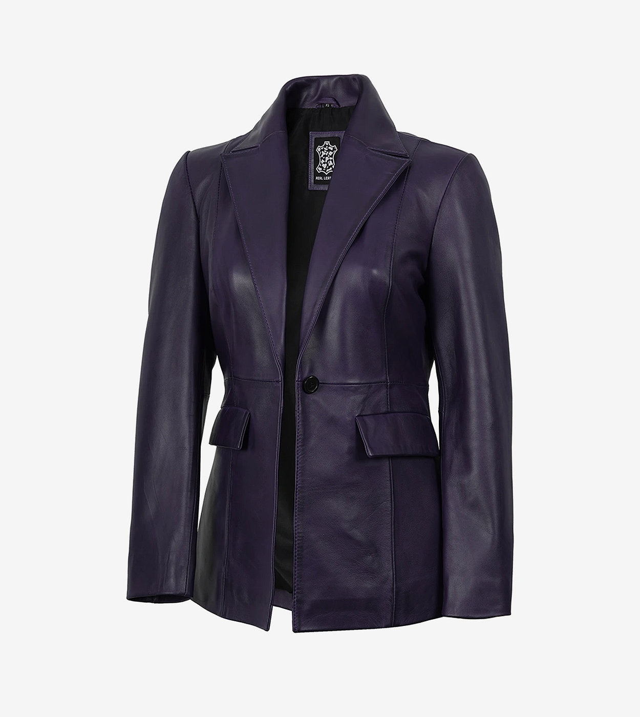Womens Single Button Purple Waxed Leather Blazer - Peak Lapel