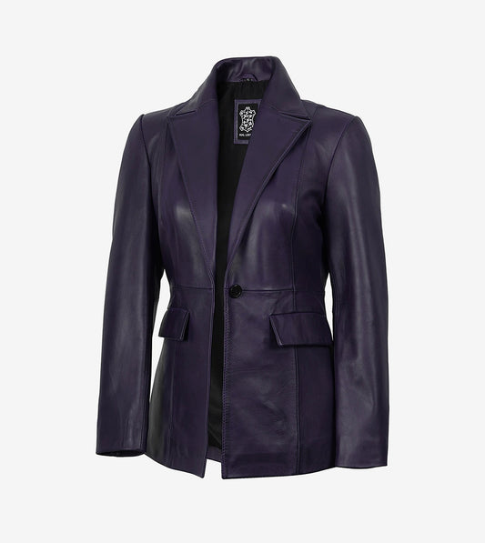 Womens Single Button Purple Waxed Leather Blazer - Peak Lapel