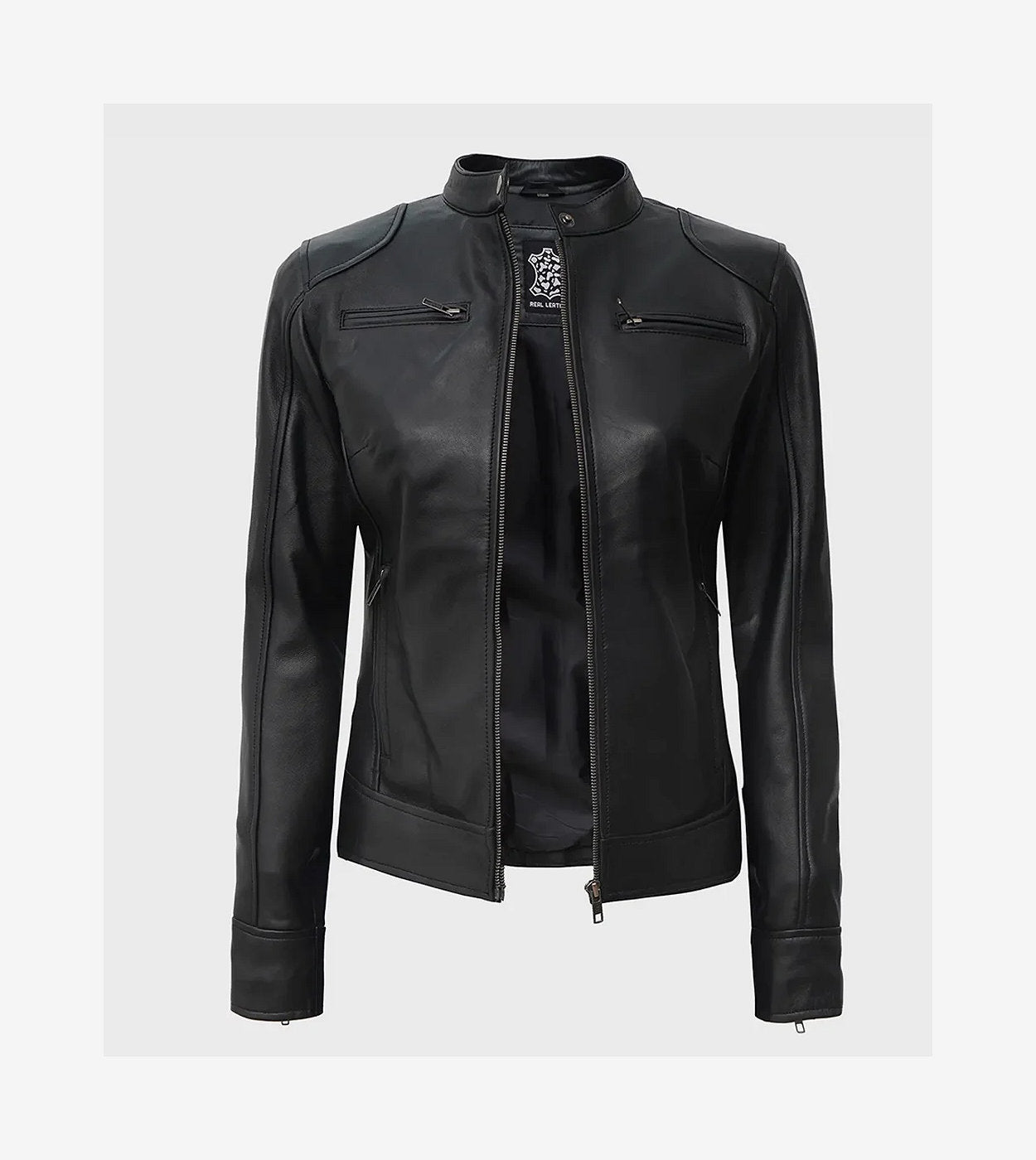 Womens Tall Black Biker Style Leather Jacket