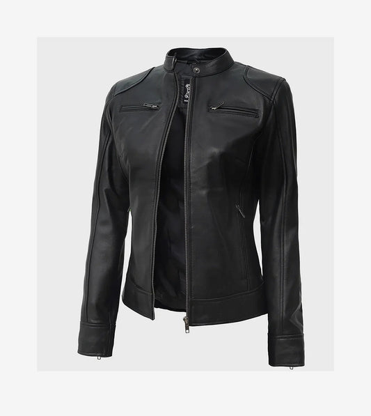 Womens Tall Black Biker Style Leather Jacket