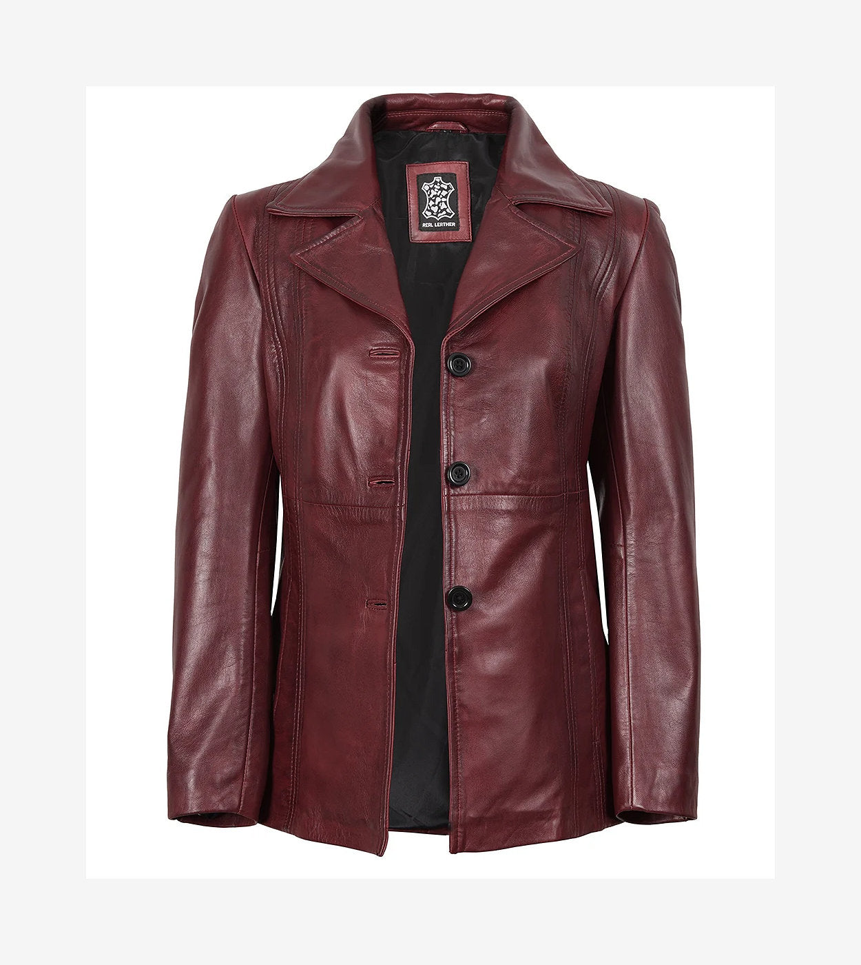 Womens Three Button Burgundy Leather Blazer