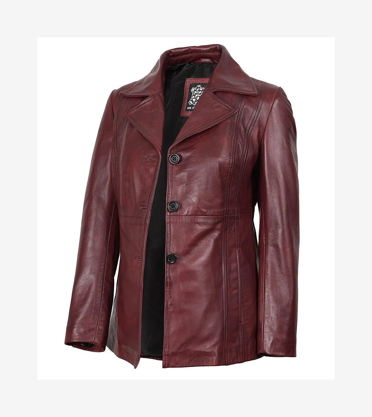 Womens Three Button Burgundy Leather Blazer