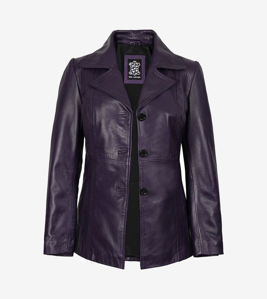 Womens Three Button Purple Leather Blazer