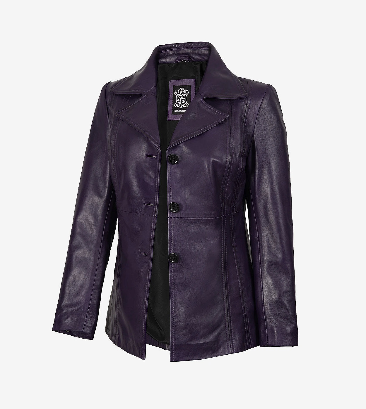 Womens Three Button Purple Leather Blazer