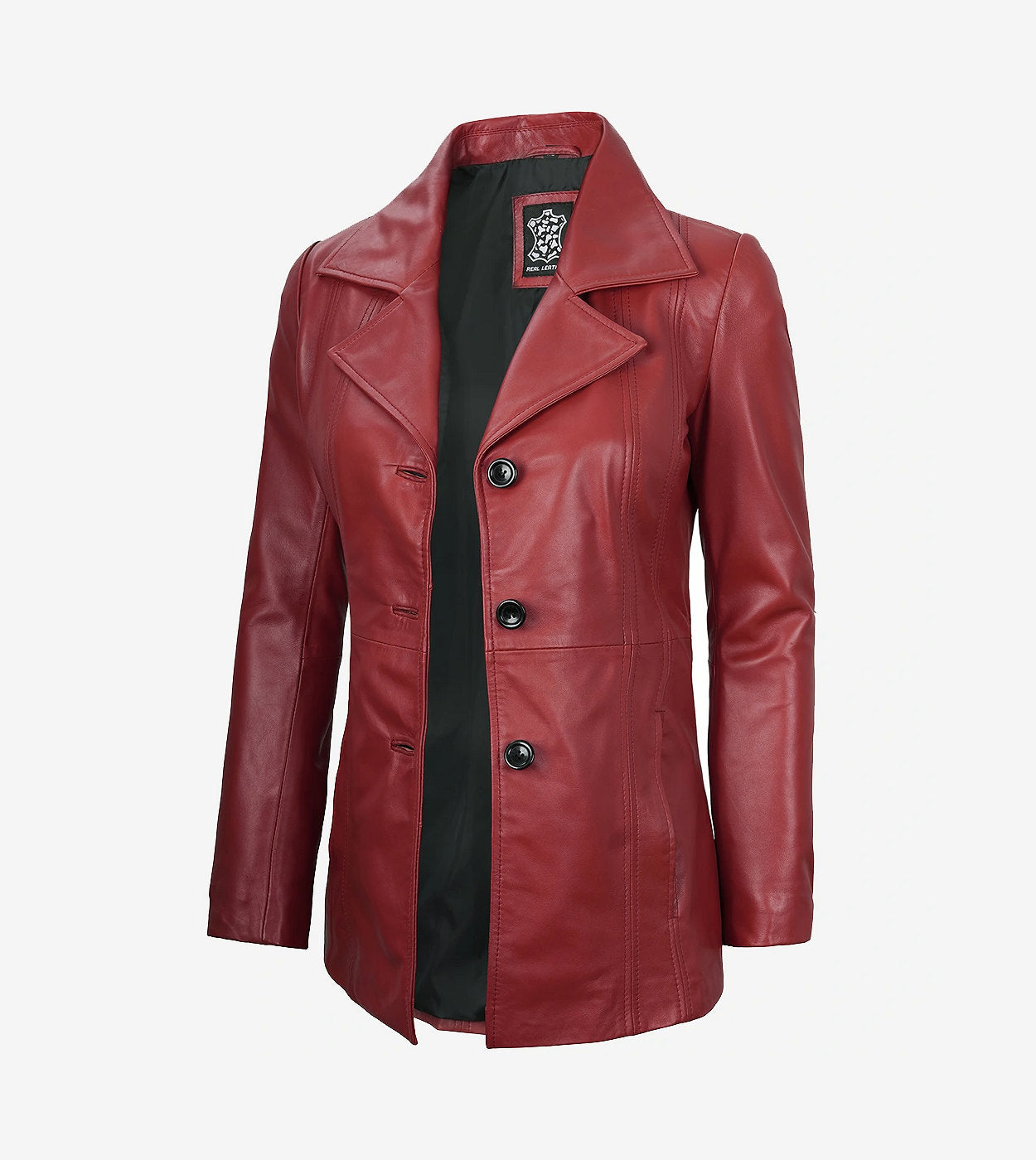 Womens Three Button Red Leather Blazer