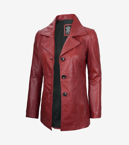 Womens Three Button Red Leather Blazer