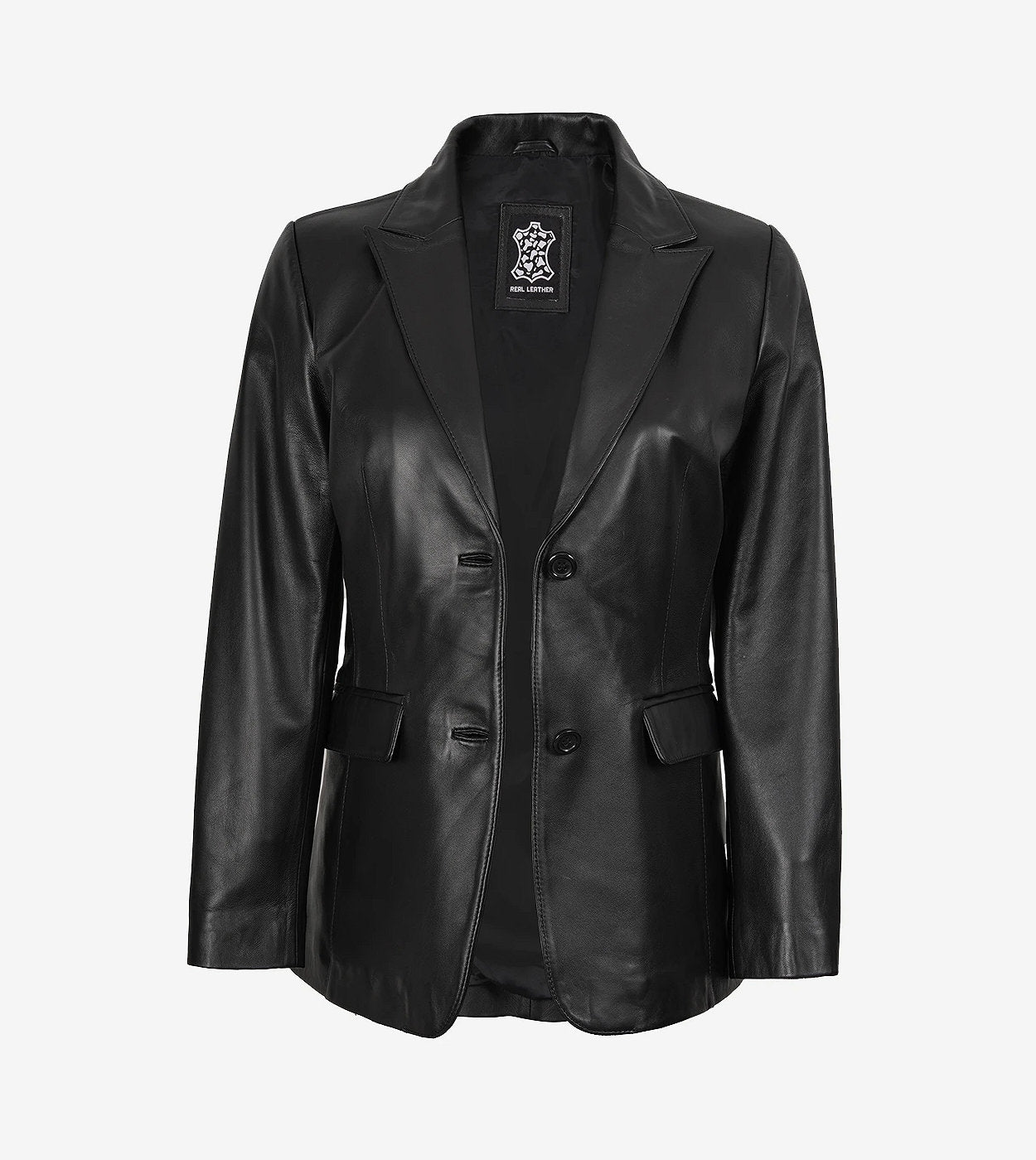Womens Two Button Black Leather Blazer - Notch Lapel