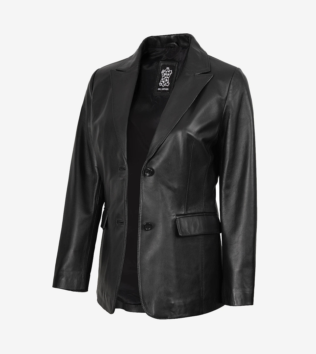 Womens Two Button Black Leather Blazer - Notch Lapel