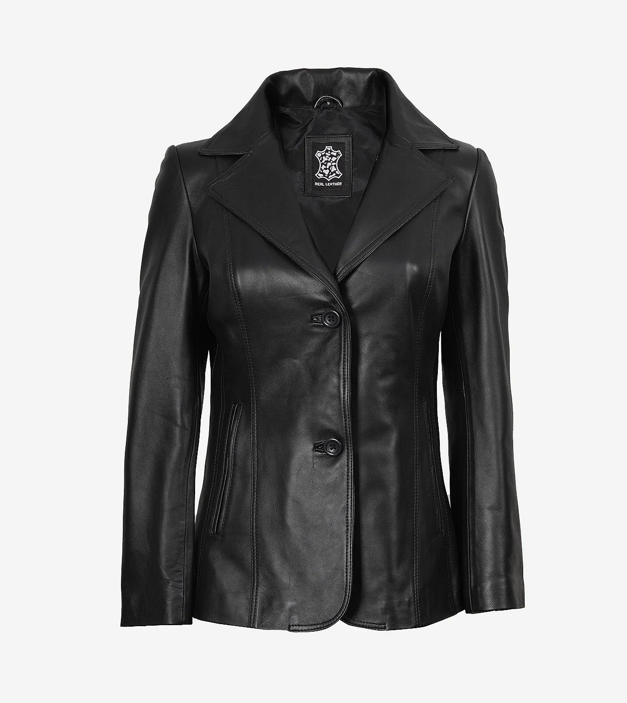 Womens Two Button Black Premium Leather Blazer