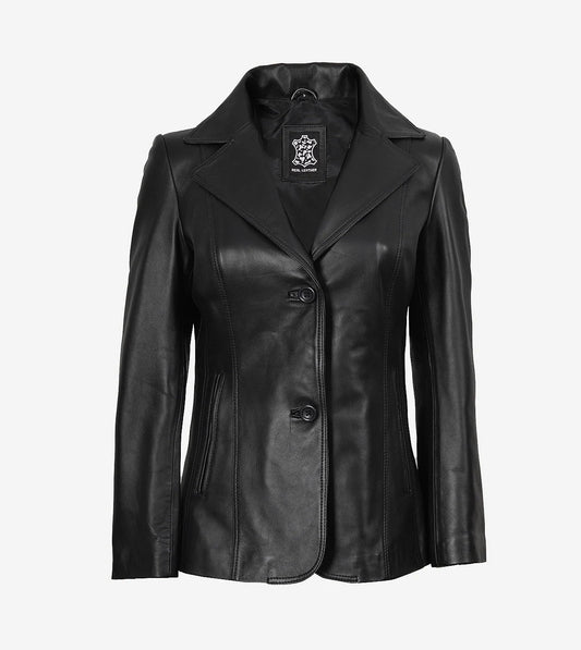 Womens Two Button Black Premium Leather Blazer