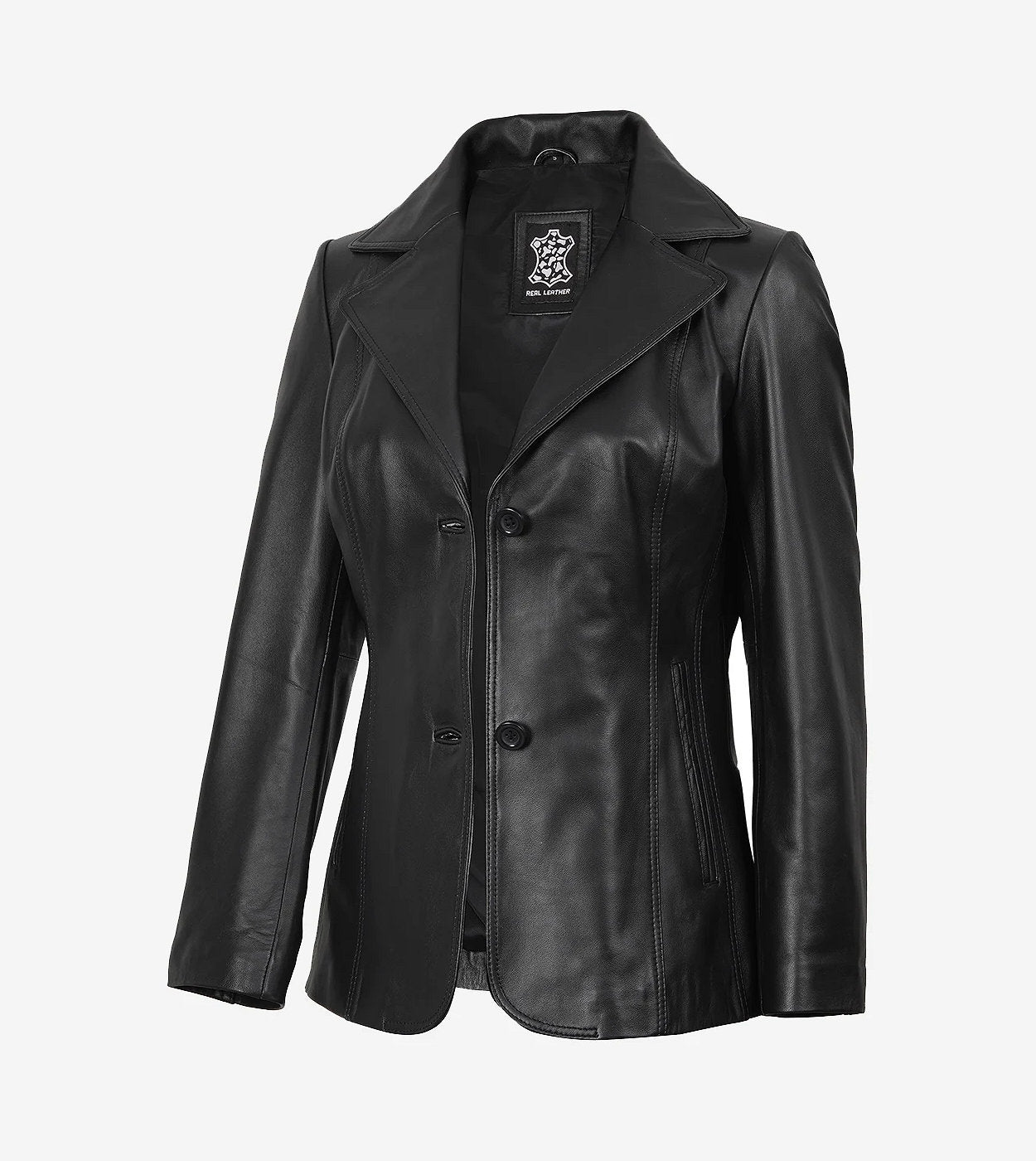 Womens Two Button Black Premium Leather Blazer