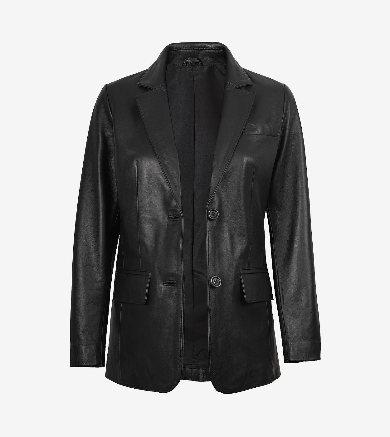 Womens Two Button Notch Lapel Black Leather Blazer Jacket