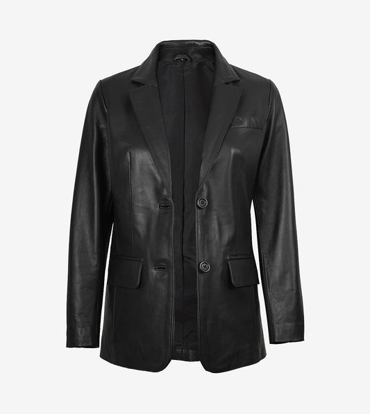 Womens Two Button Notch Lapel Black Leather Blazer Jacket