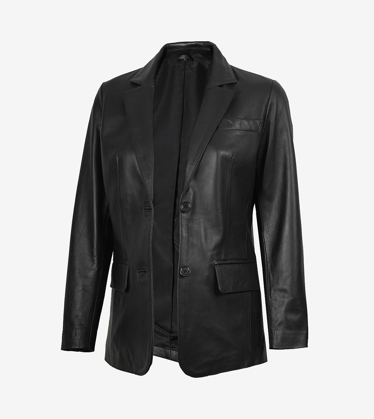 Womens Two Button Notch Lapel Black Leather Blazer Jacket