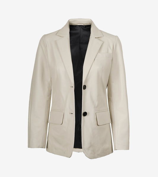Womens Two Button Off White Leather Blazer